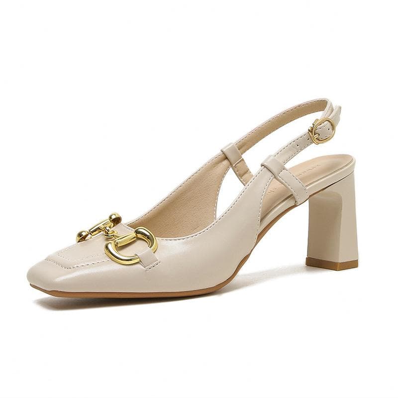 High-heeled Sandals Summer New Horsebit Thick-heeled Sandals French Baotou Empty Mary Jane Shoes 39 beige