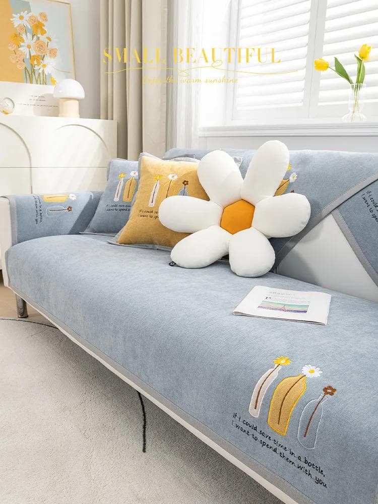 Fashion Vase Embroidery Sofa Towel Thicken Chenille Soft Couch Cover for Sofa Anti-slip Solid Color Sofa Cover for Living Room 70x70cm 1pcs