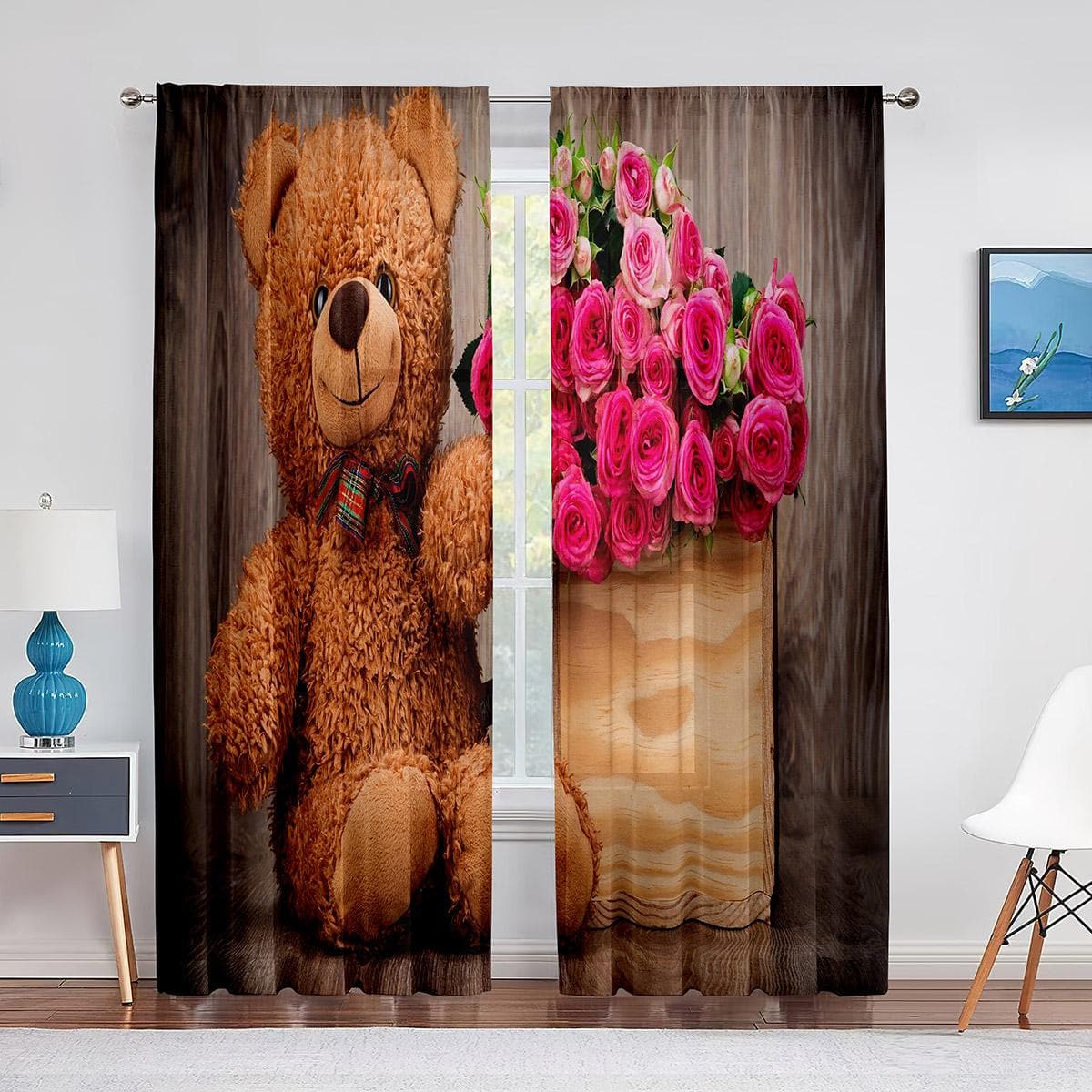 Funny Teddy Bear Holding A Gift Box Love Hearts Sheer Curtains for Living Room Bedroom Kitchen Decor Window Voiles Tulle Curtain 1 PCS W100XH250cm&Grommet Top