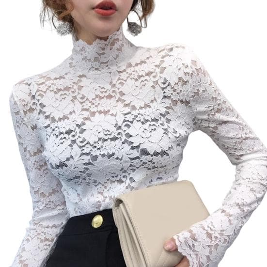 Turtleneck Pullover Blouse Stylish Solid Color Stretchy Crochet Hollow Floral Lace Top XL