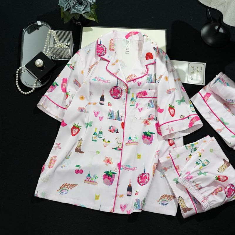 Summer Three-piece Ice Silk Pajamas Women's Short-sleeved Suit Urban Print Thin Pajamas Set XL white