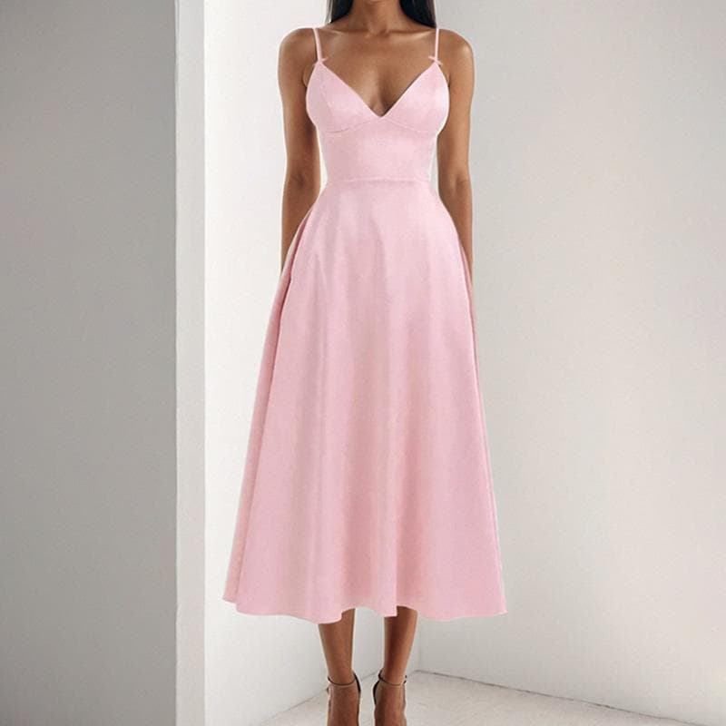 Spring New Women's Clothing with Temperament and Sexy V-neck High-waisted Fashion Suspender Large Pleated Dress 3XL pink
