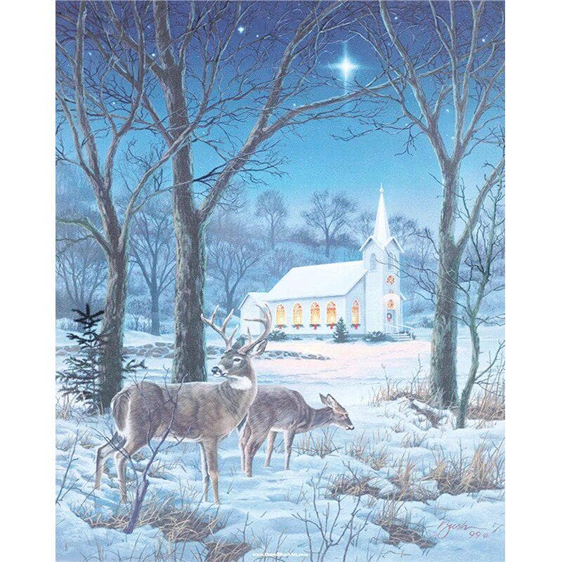 5D DIY Diamond Embroidery Manual Craft Painting Kits for Deer In Snow and Church Mosaic Gift Diamond 20X30CM