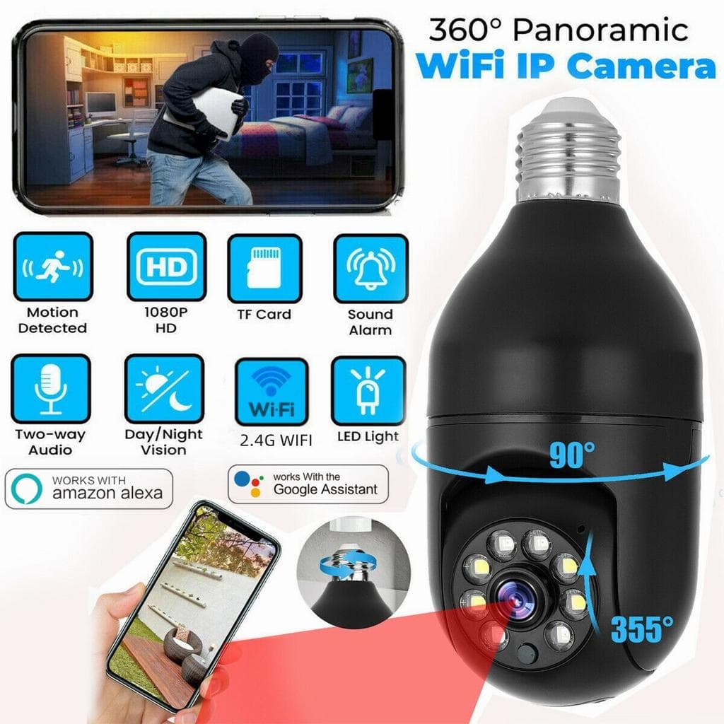 E27 200W 2.4G 1080P Panoramic Camera Home Security Cctv Camera WiFi Night Vision Webcam Support Two-Way Audio Talk Remote View Via Smartphone black