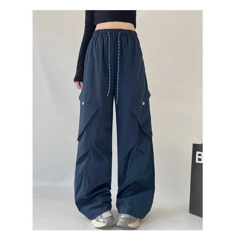 Large Pocket Work Pants for Women In Spring and Autumn New High Waist Drooping Floor Loose Wide-leg Straight Trousers XL