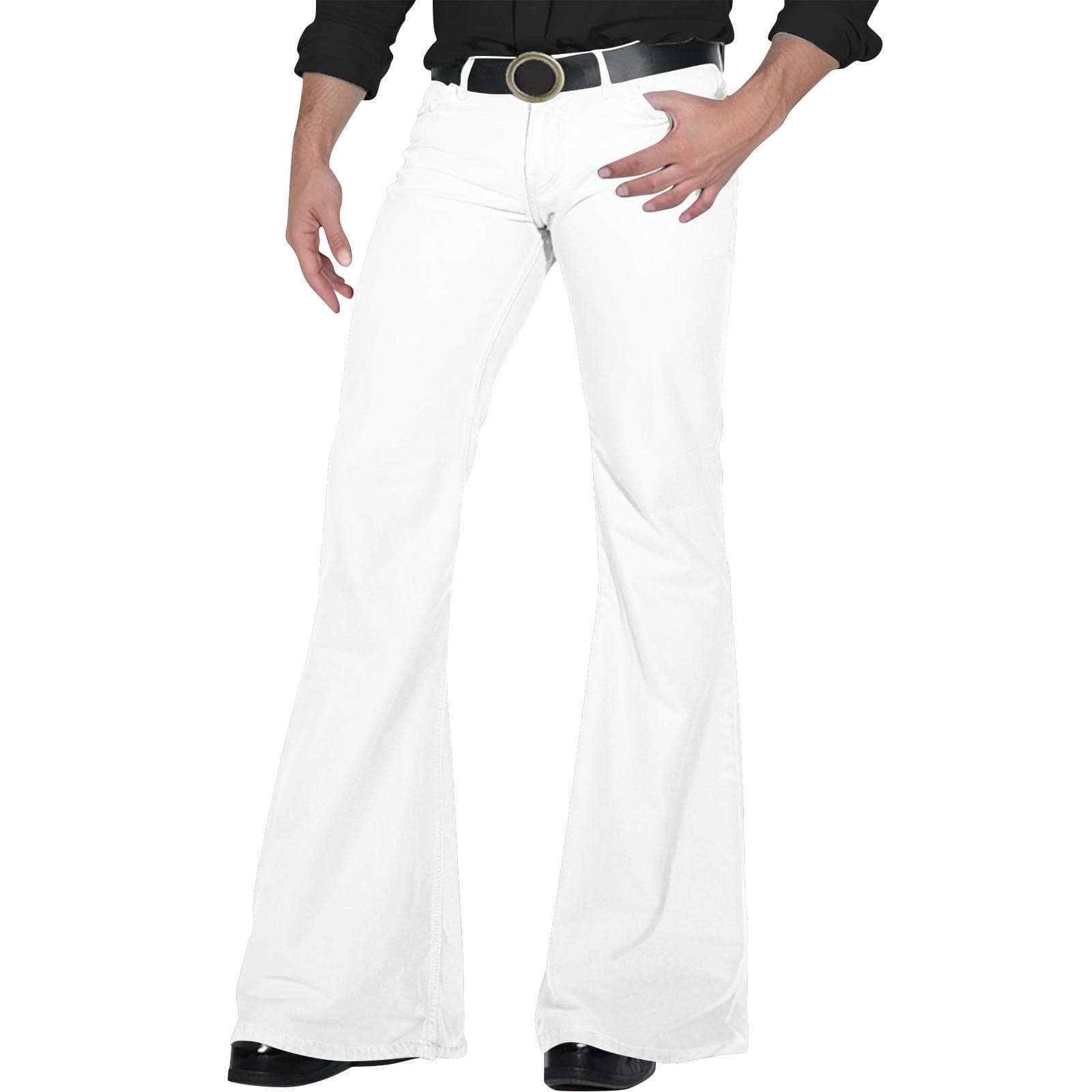 Men's Retro Disco Flared Pants Loose Stretch Vintage Trousers Fit Flared Comfortable Retro Stretch Twill Men's Trousers S white