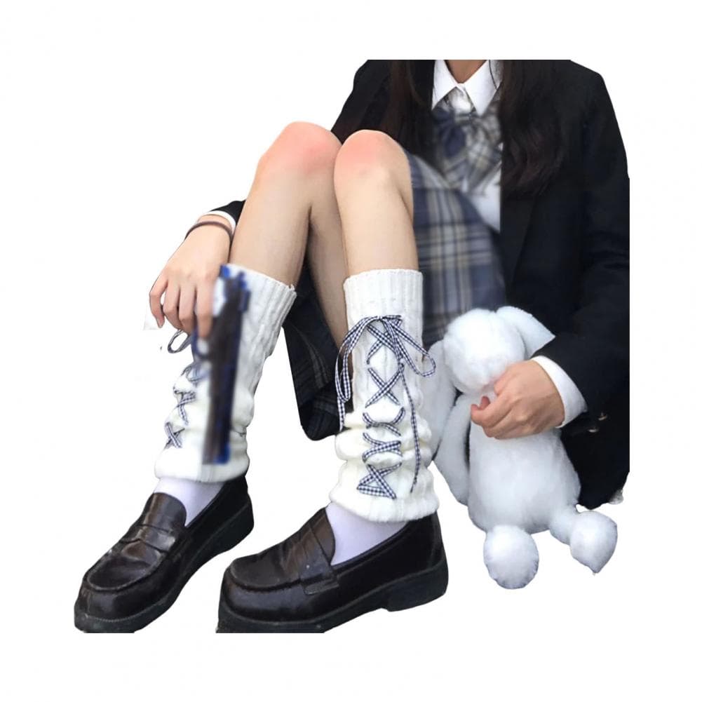 Mid-length Socks Winter Lolita Style Calf Covers with Lace-up Ribbons Bows for Cosplay Wear Anti-slip Knitted Leg for Sports One Size white