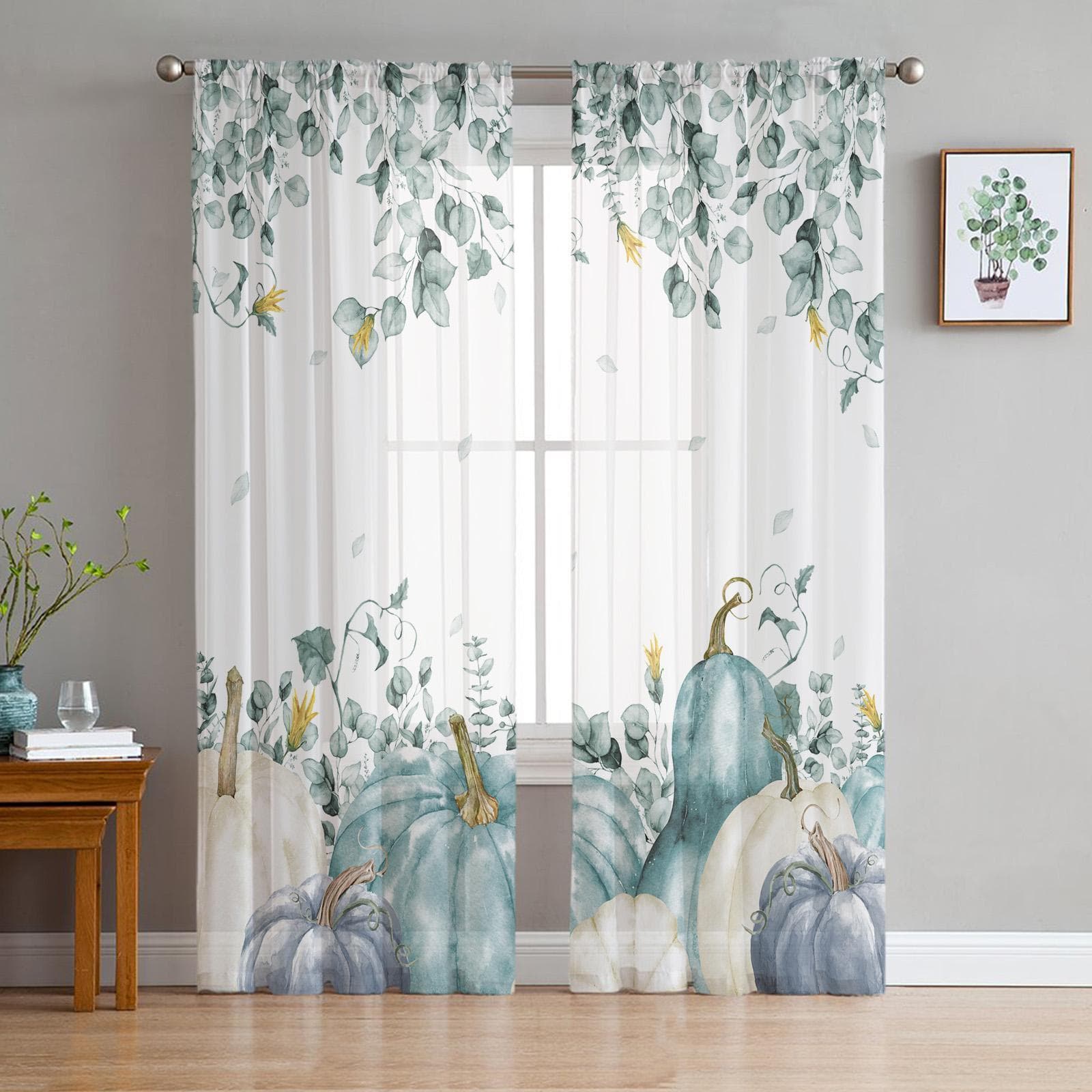 Autumn Pumpkin Eucalyptus Leaves Sheer Curtains for Bedroom Living Room Voile Window Curtains Tulle Curtains for Kids Room 135W x 114H(cm)