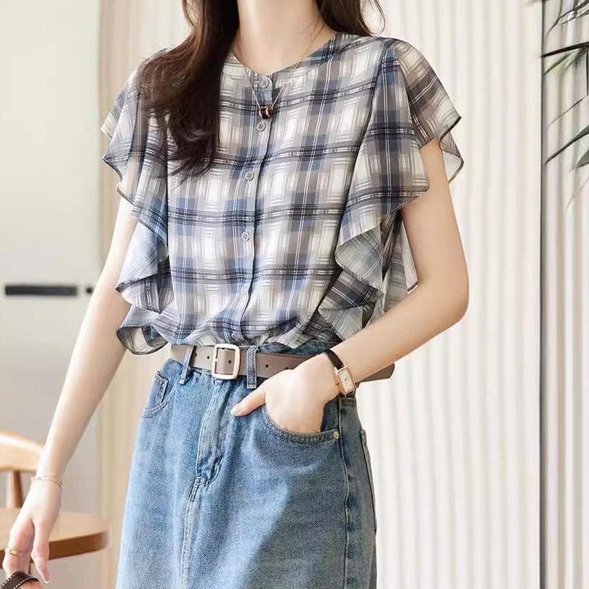 Women's Ruffled Chiffon Polka Dot Design Niche Shirt Sweet French Chic Top Women's Plaid 3XL