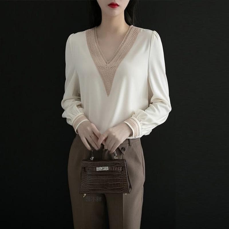 Spring Autumn V-neck Chiffon Loose Fashionable Western Style Small Shirt Top Fashionable Temperament Long Sleeved Shirt for Women 3XL white