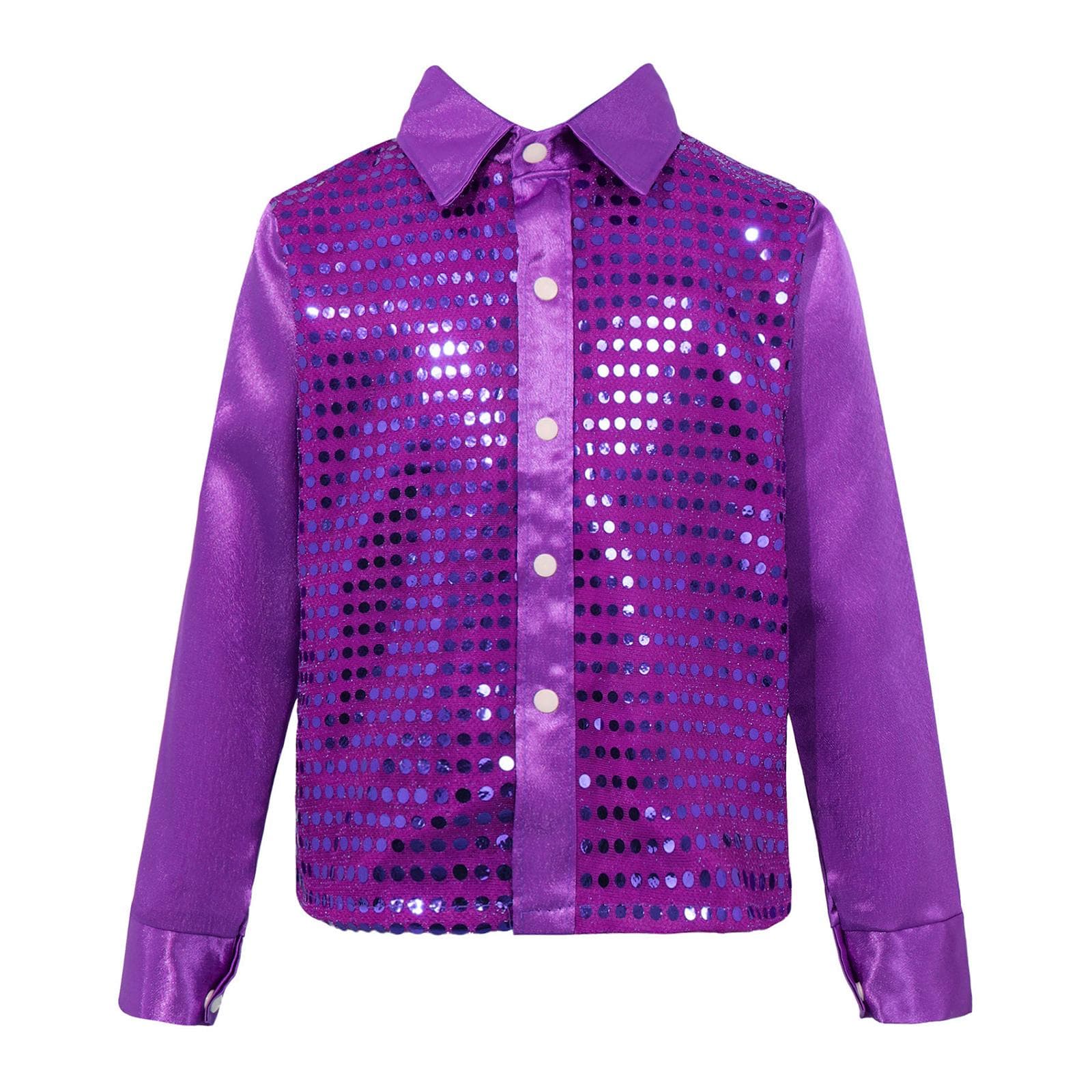 Kids Boys Sequins Long Sleeve Button Down Dance Shirts for Hip Hop Jazz Latin Dance 4-5 Years purple