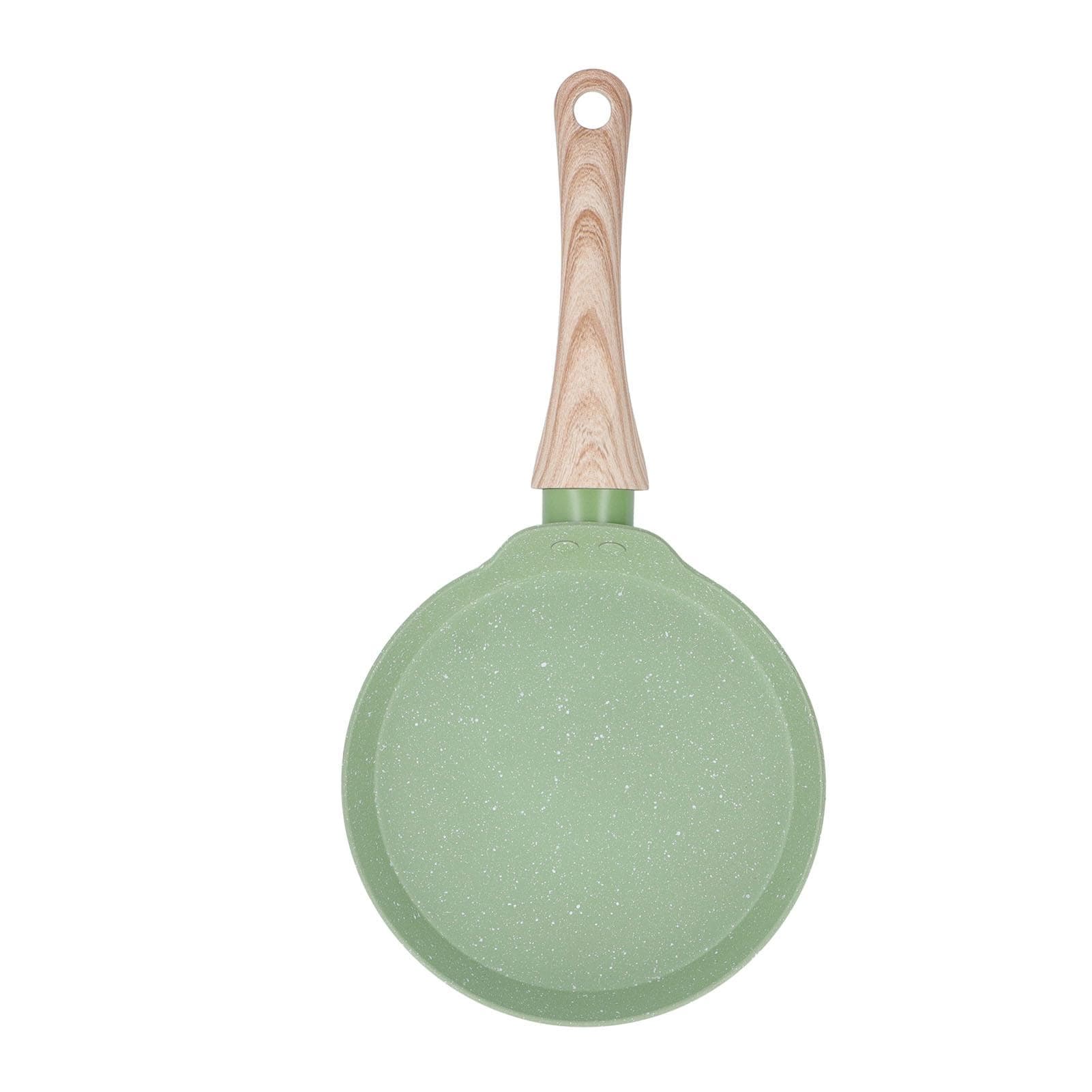 Frying Pan Wood Handle Aluminum Alloy Cooking Skillet Fast Heating Non Stick Omelet Pan for Home Small green
