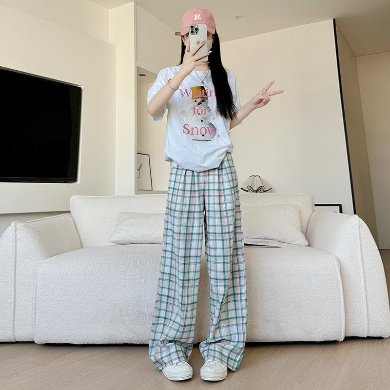 Dopamine Plaid Pants for Women In Spring and Autumn New High-waist Drooping Casual Pants Loose and Slimming Yamamoto Wide-leg Pants XL