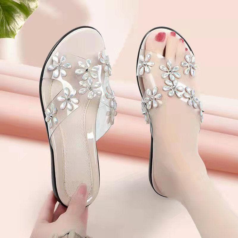 Women's Sandals Summer Mother Sandals Slippers Slip-resistant Outer Wear Large Yards with Fashion Rhinestone Upper Soft Bottom Slippers 41 silver