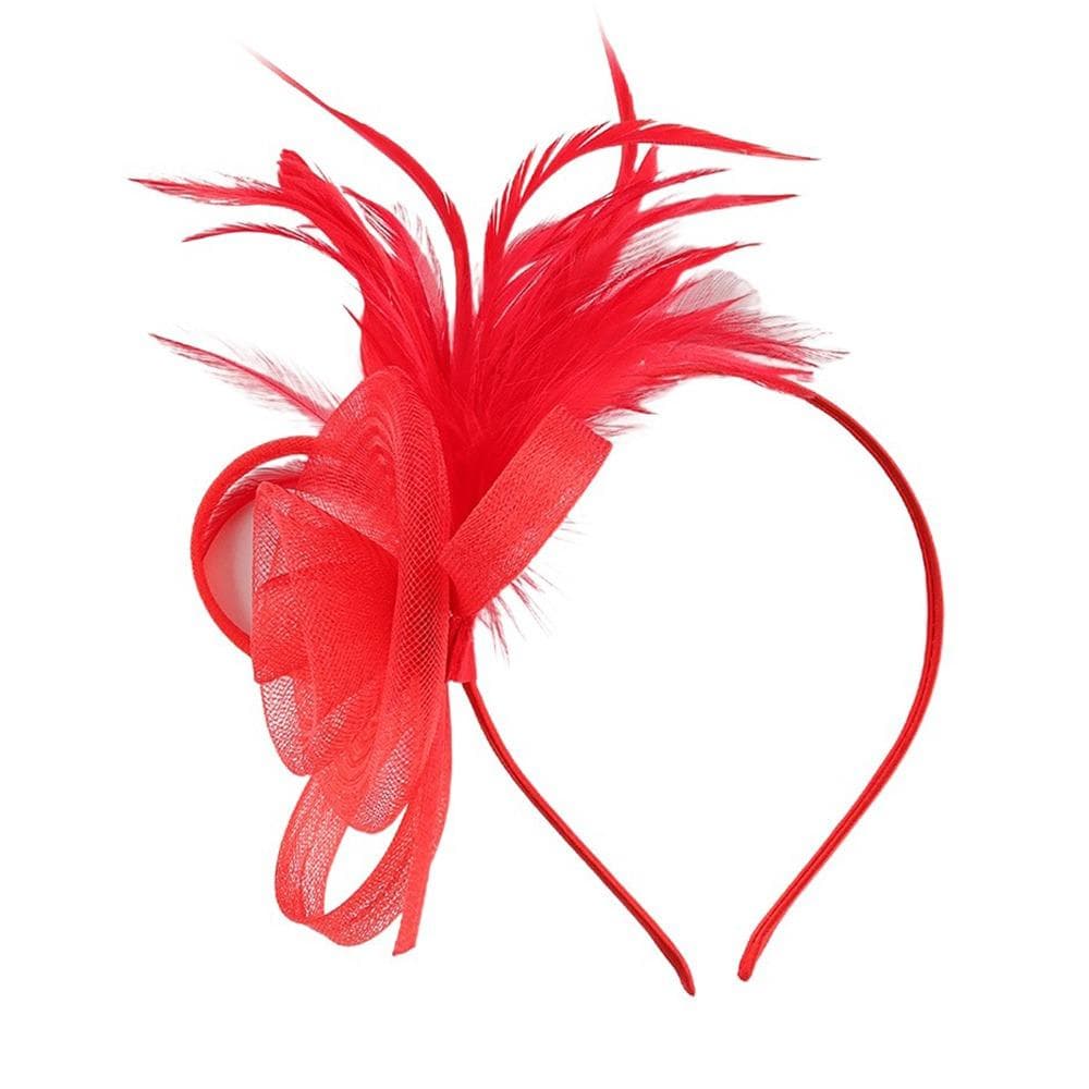British Cocktail Tea Party Headband Mesh Flower Hair Hoop Fascinators Feather Headpiece for Women red