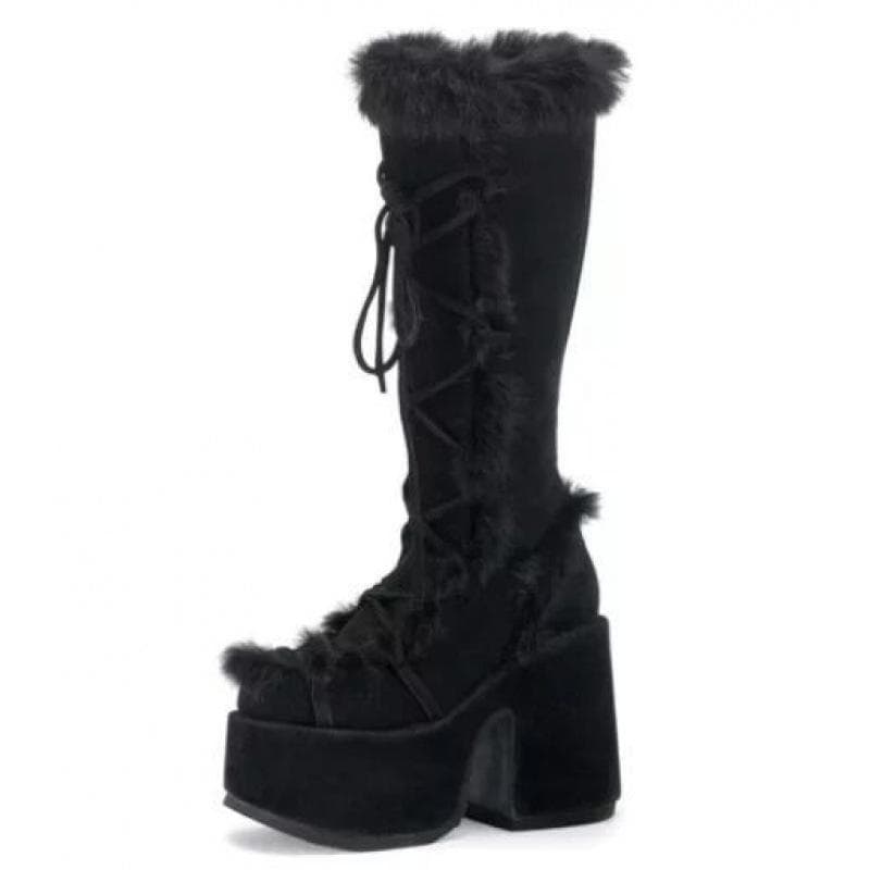 Winter Women Snow Boots Platform Wedge High Heel Faux Fur Lady Shoes Female Plush Warm Non-slip Mid Calf Boots Goth Shoes 40 black