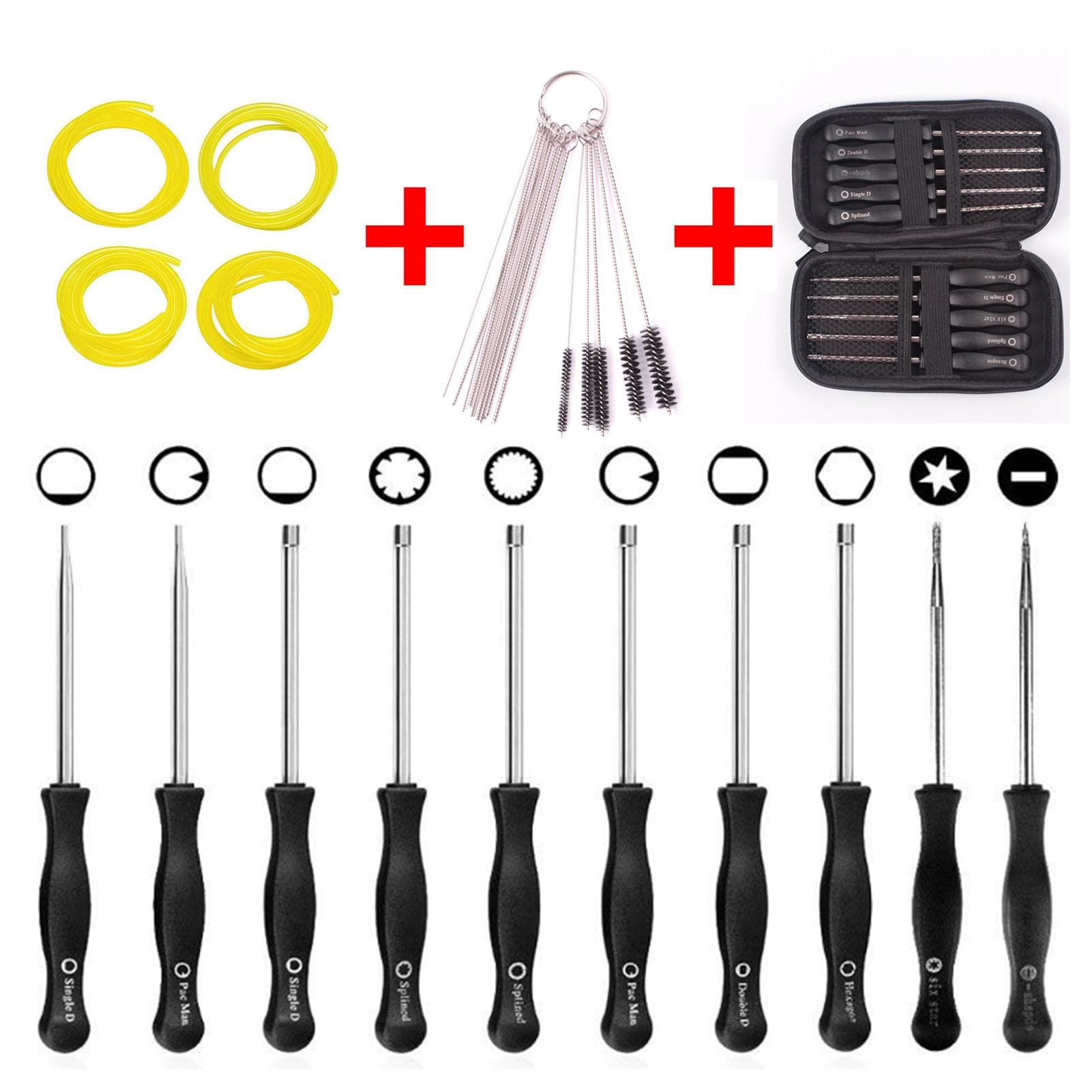Pack of 10 Carburetor Adjustment Tool + Carrying Case + Cleaning Kit +Fuel Tube for Common 2 Cycle black