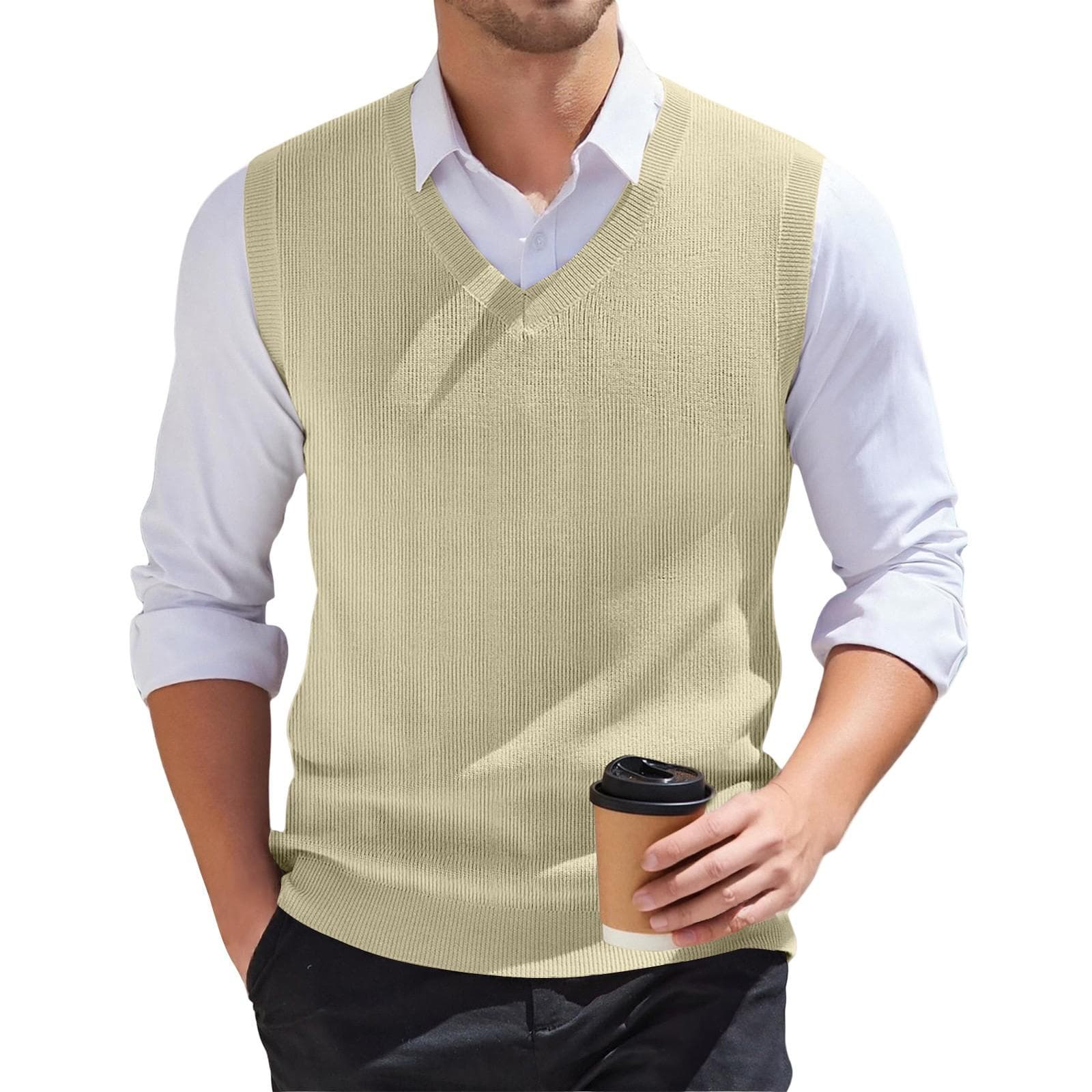 Men's V-neck Vest Sleeveless Knitted Pullover M khaki