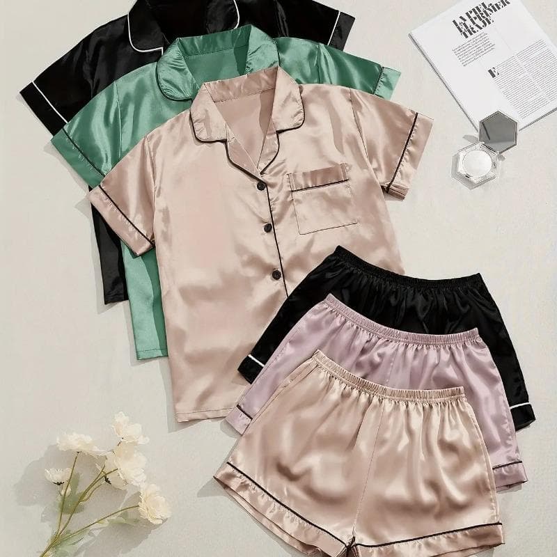 3 Sets Satin Pajama Set for Women Summer New Short Sleeve Lapel Top & Elastic Waistband Shorts Set Women's Sleepwear Loungewear M