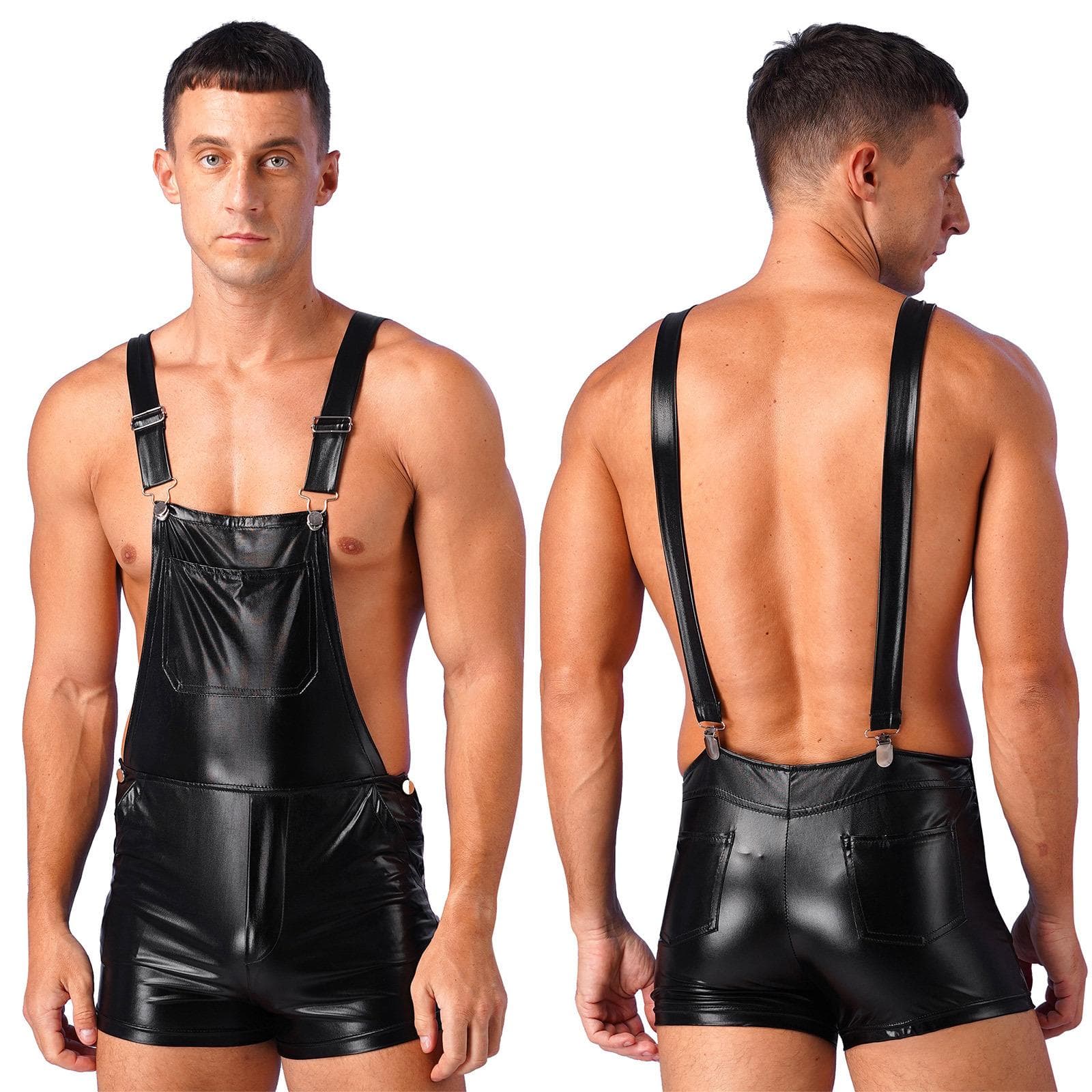 Men's Shiny Metallic Short Overalls Bib Shorts Casual Rompers Rave Club Fancy Dress XXL black