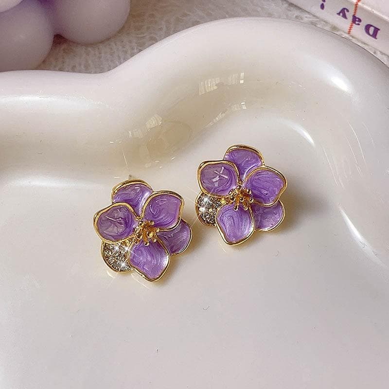 New Fashion Blooming Flowers Stud Earrings for Women Purple Enamel Oil Crystal Earrings Wedding Party Cute Fashion Jewelry Gift purple