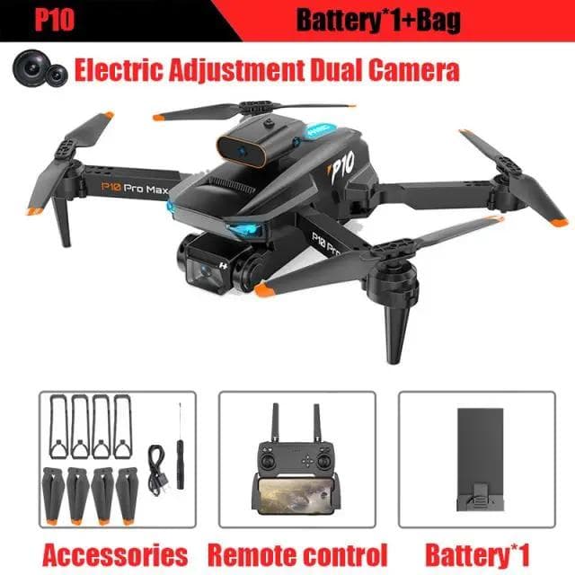 New P10 Drone ESC HD Camera WiFi FPV Double Folding Remote Control Quadcopter Height Keeper Obstacle Avoidance Aircraft Toy Gift ESC dual camera 1 battery black