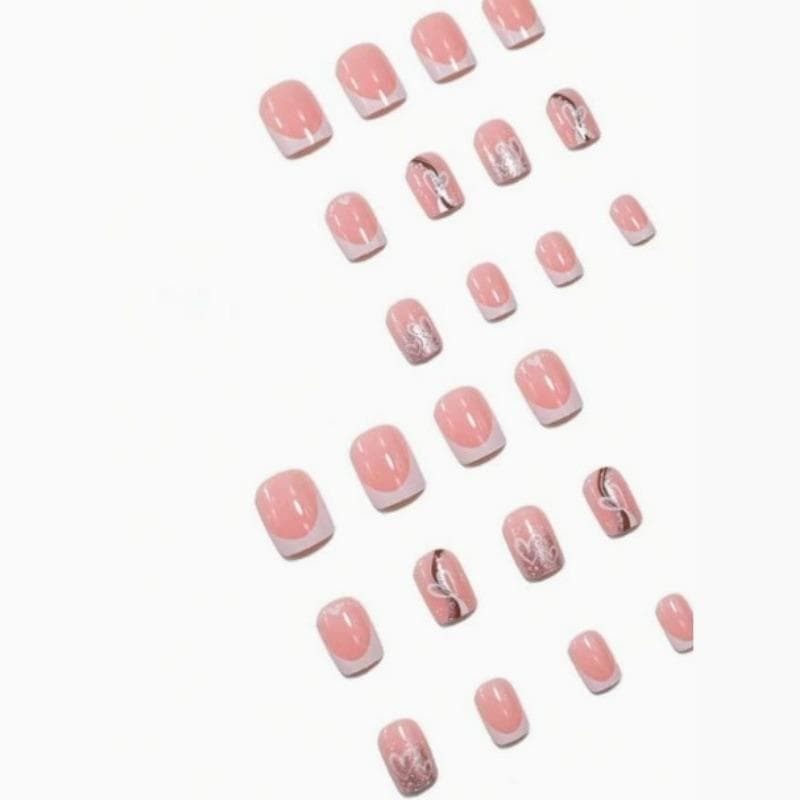 24Pcs Short Square Glitter Heart & French Tip Fake Nails Set,For Party, Dance And Daily Wear, Removable Press On Nails,Nail Supplies