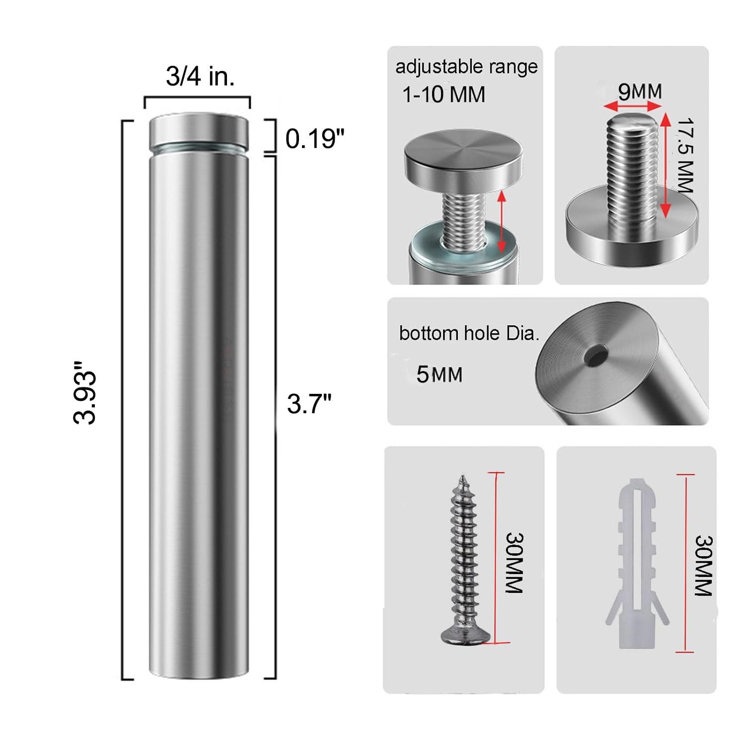 Sign Standoff Screws 1/2 x 1 Inch Stainless Steel Stand Off Wall Mounts Advertising Screw Hardware for Acrylic Signs (4Pcs) 3/4" x 4" silver
