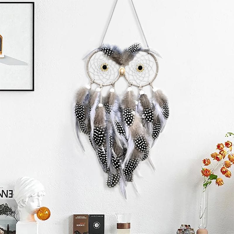 Owl Dream Catcher Feather Wind Chimes Girls Room Bedroom Wall Hanging Ornaments Birthday Festival Gifts Home Decoration Crafts grey