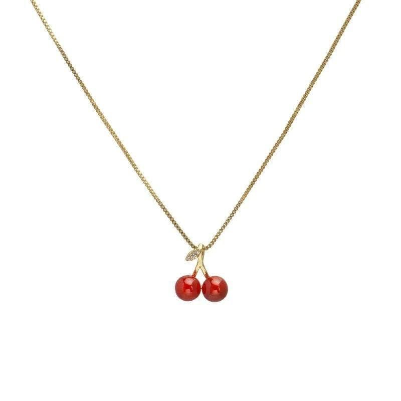 New Wine Red Cherry Gold Color Pendant Necklace For Women Personality Fashion Necklace Wedding Jewelry Birthday Gifts red