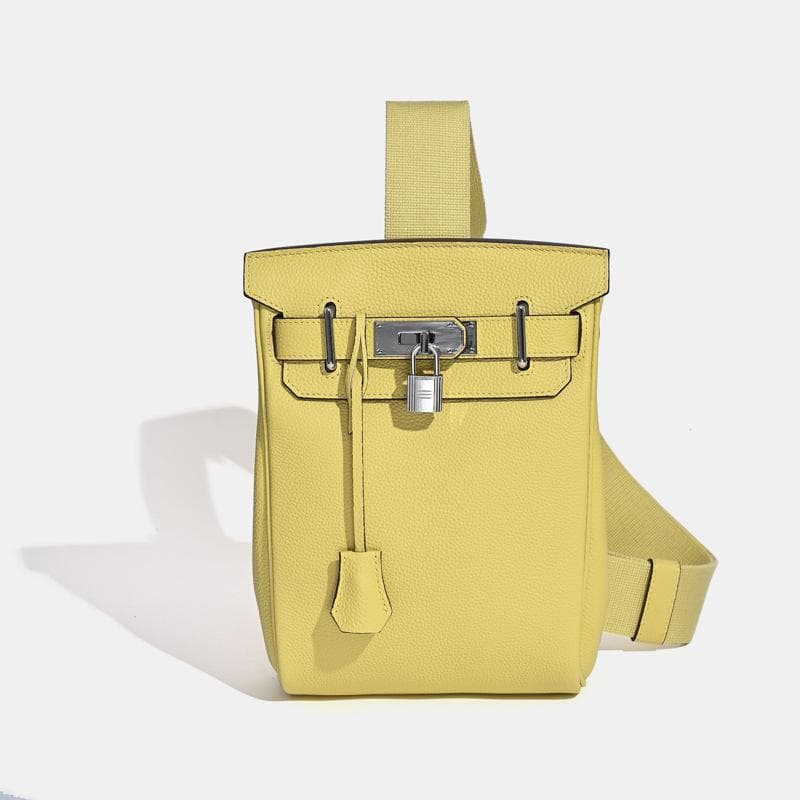 2025 New Unisex Top Layer Cowhide Chest Bag Shoulder Bag Genuine Leather Backpack With Lock Hanging Decoration 17 x 8 x 27CM+silver buckle yellow
