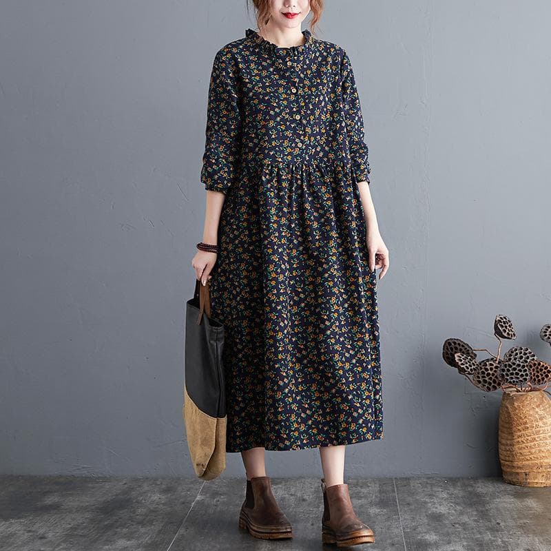 Spring and Autumn Retro Literary Cotton and Linen Loose Large Size Floral Long Dress S navy blue