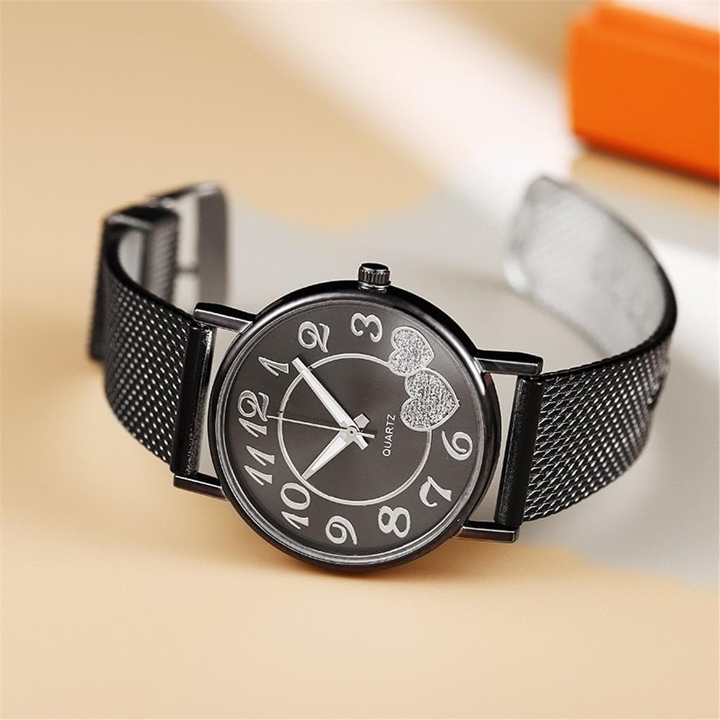 Charming Women's Quartz Watch Rose Gold Tone Watch Heart Accent Design Silicone Mesh Band Stylish Cute Look Precise Wristwatch black