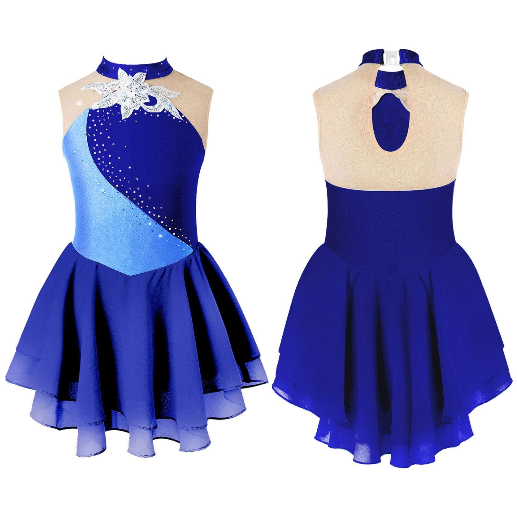 Gymnastics Leotards for Girls Sleeveless Rhinestone Ice Skating Dress Floral Dance Dresses 13-14 Years navy blue