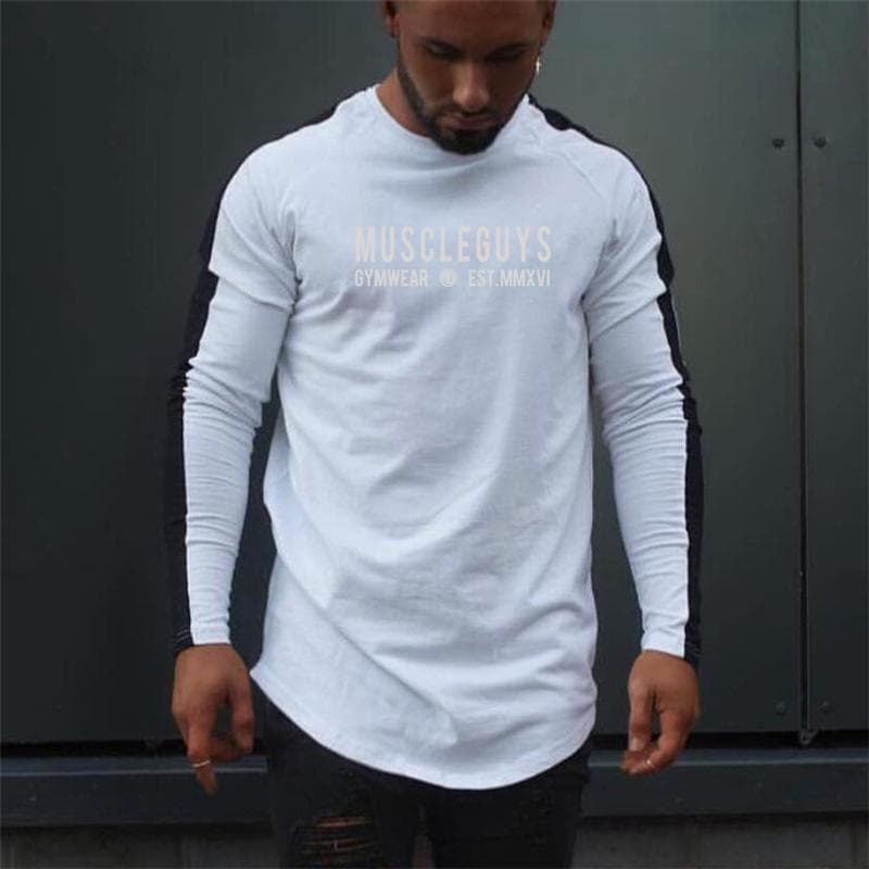 MuscleGuys Letter Printed Long Sleeved T-Shirts Mens Sports Undershirts Color Block Tees L white