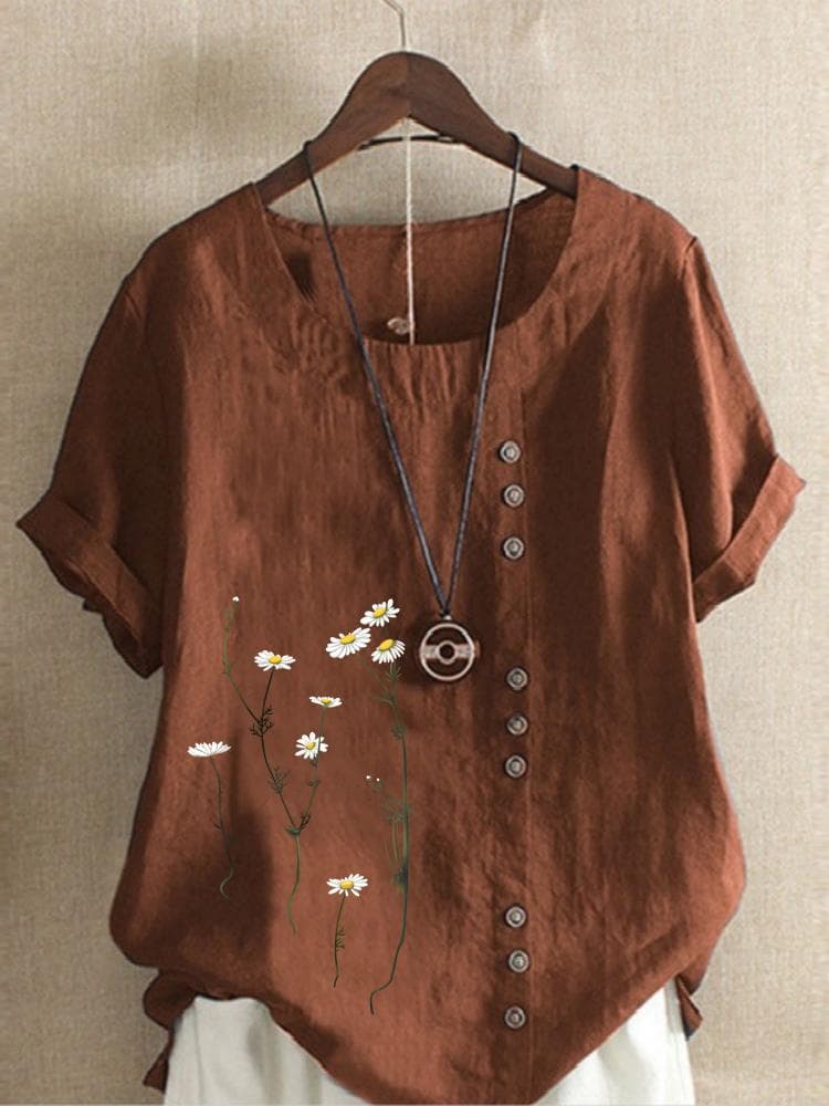 Cotton and Linen Printed T Shirt Tops Women's Summer Loose T Shirt Shirts XL coffee