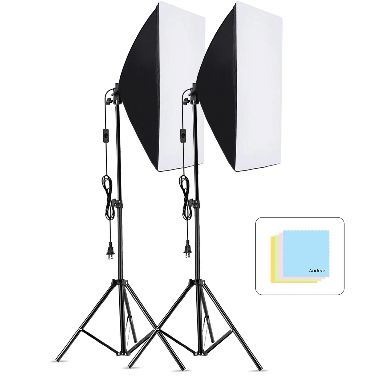 Andoer Studio Photography Softbox Kit with 50x70cm Softbox * 2 + 2M Metal Tripod Stand * 2 for Live US Plug black