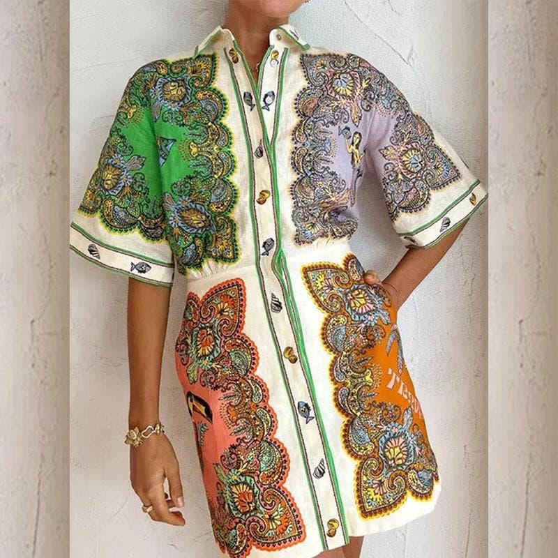 New Spring Women's Lapel Single-breasted Printed Mid-length Sleeve Cardigan Dress 3XL