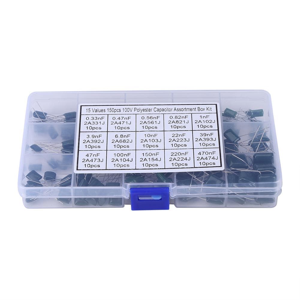 150pcs 100V 15 Value 0.33nF470nF Polyester Film Capacitors Assortment Kit Box