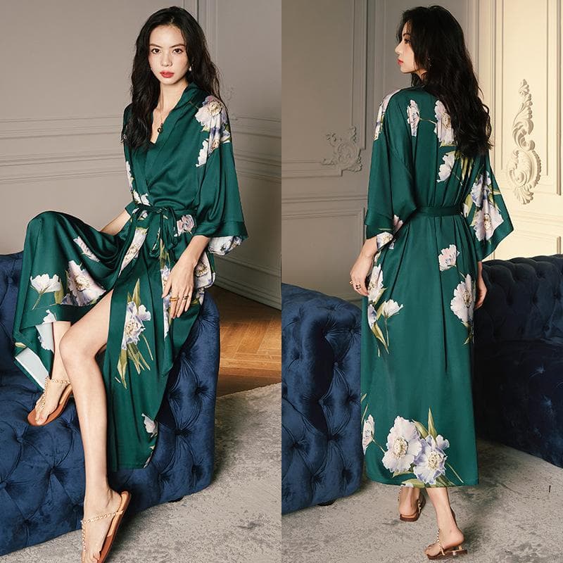 Plus Size Female Long Robe Sleppwear Print Flower Kimono Bathrobe Gown Loungewear Spring Summer Loose Casual Satin Home Dress One size