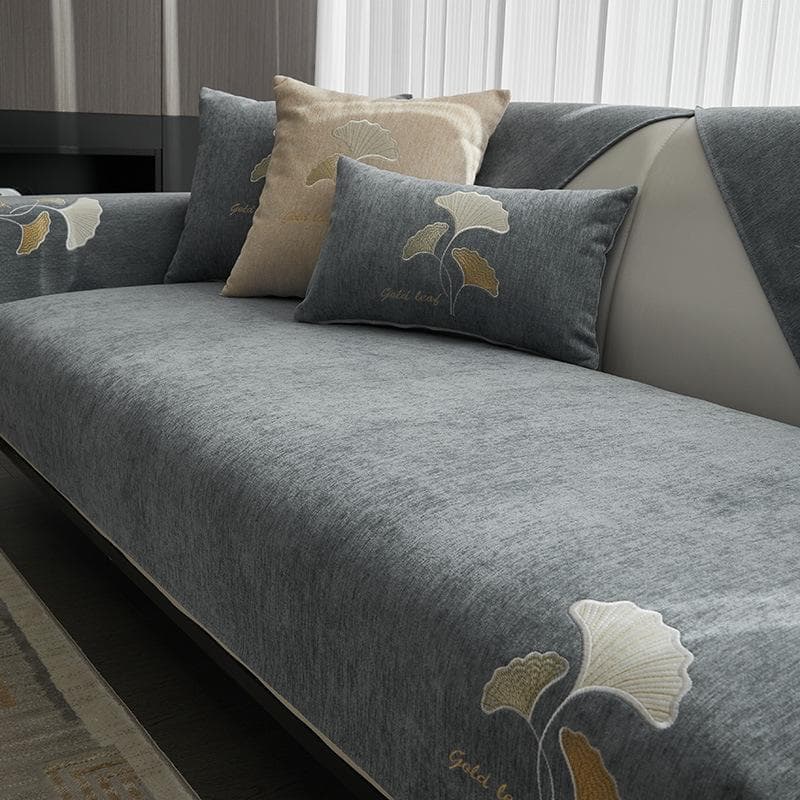 Nordic Chenille Sofa Cover for Living Room Ginkgo Embroidery Sofa Cushion L Shaped Sofa Towel Non-Slip Couch Armrest Backrest 70x70cm 1pcs