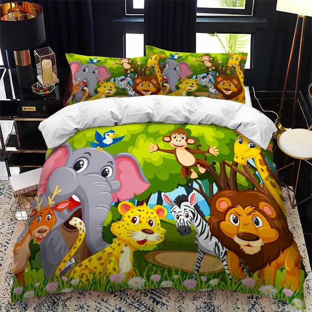 Cartoon Zoo Animal Bedding Set Boys Girls Twin Queen Size Duvet Cover Pillowcase Bed Kids Adult Fashion Home Textileextile US Queen 228x228cm