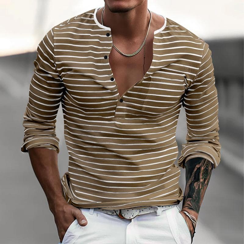 Spring Autumn Fashion Long Sleeve Men's T-shirts Button Henry Collar T Shirt For Men Vintage Striped Tees Tops XXXL khaki