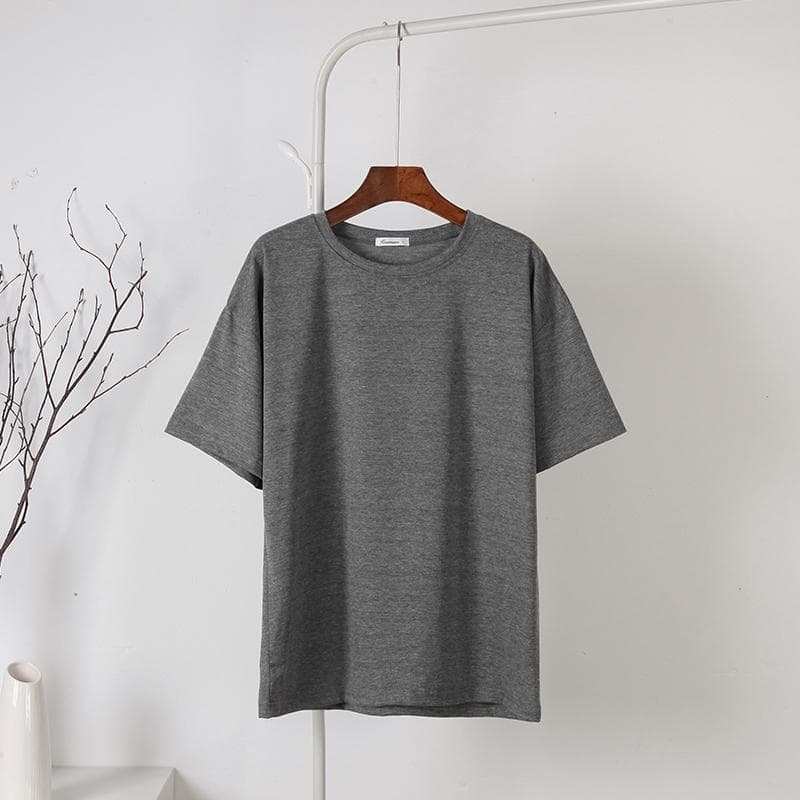 Hirsionsan Solid Cotton T Shirt Women Summer Loose Basic Short Sleeves O Neck Tees Casual Harajuku Soft Tshirt Plus Size Female Tops XL dark grey