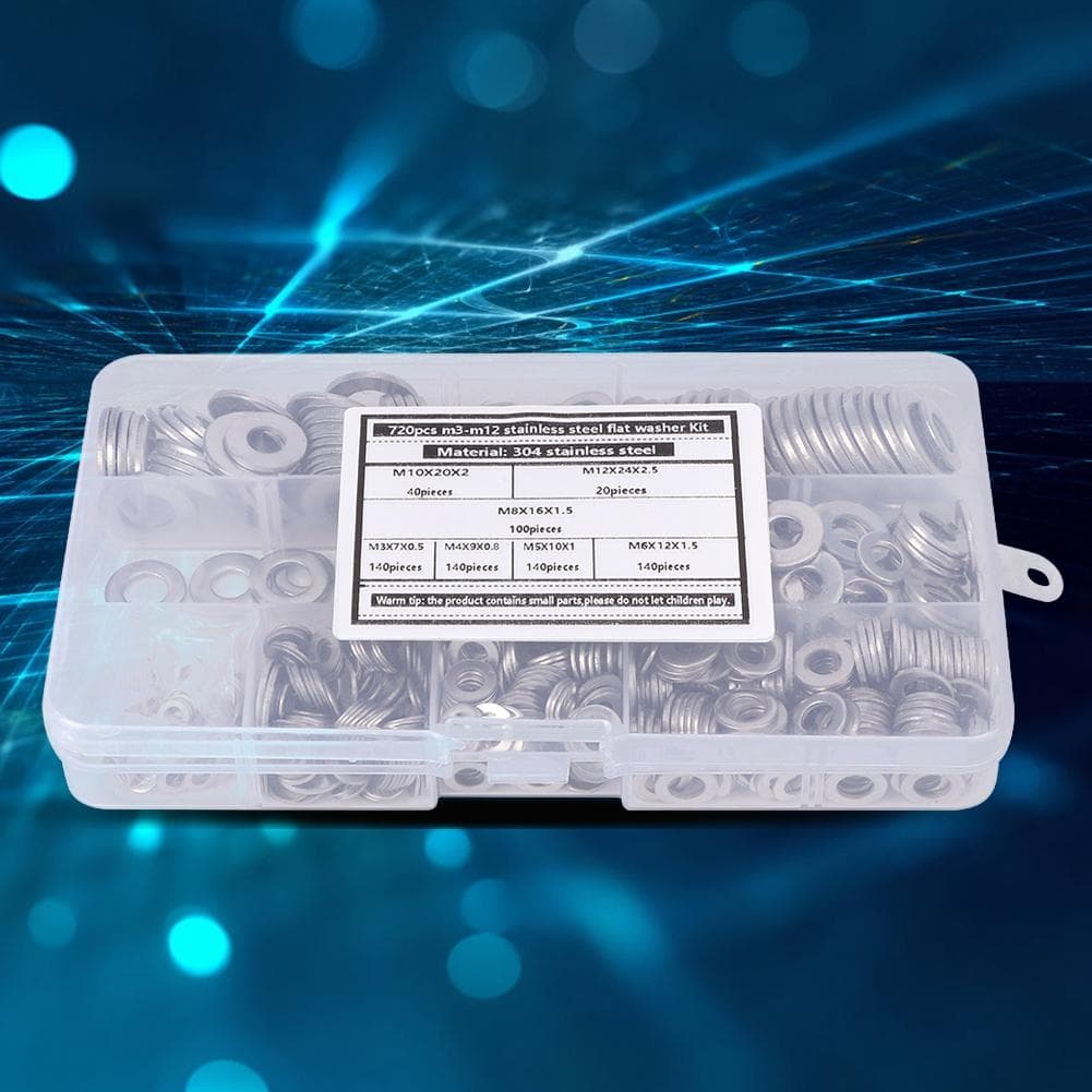 720Pcs Flat Washer Kit 304 Stainless Steel Silver Spring Gasket Assortment Set M3M12