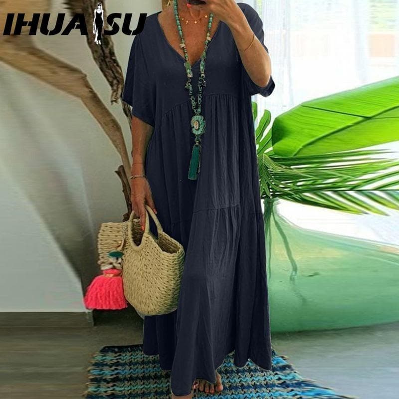 IHUASU Women Summer Fashion Solid V-Neck Plus Size Dress Loose Long Oversized Casual Short Sleeve Dress L navy blue
