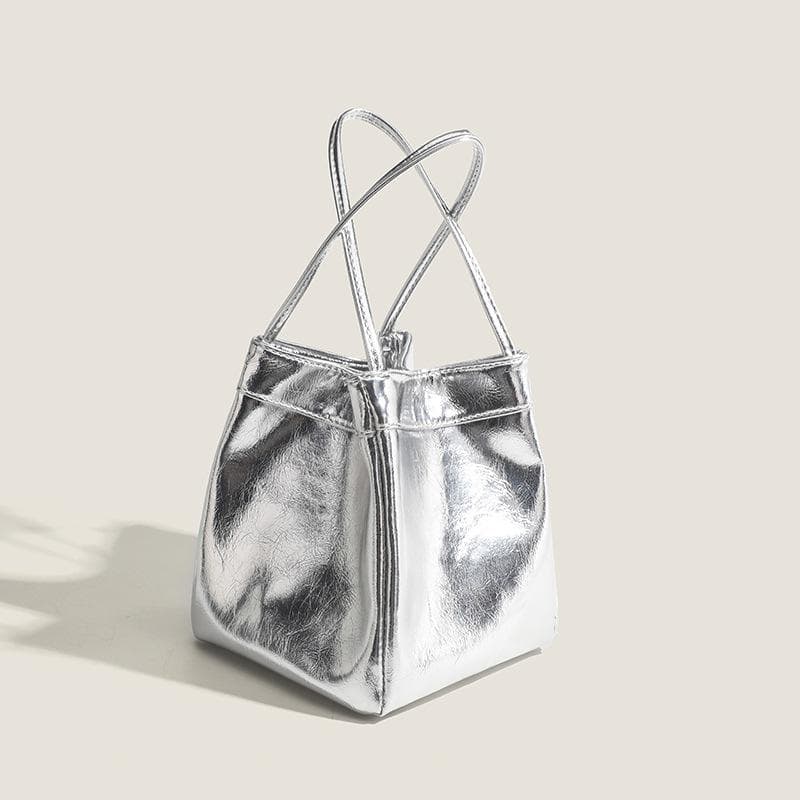 Silver Bucket Bag for Women 2025 New Fashionable and Simple Lunch Box Bag Niche Western-style Texture Hand-held Small Bag silver