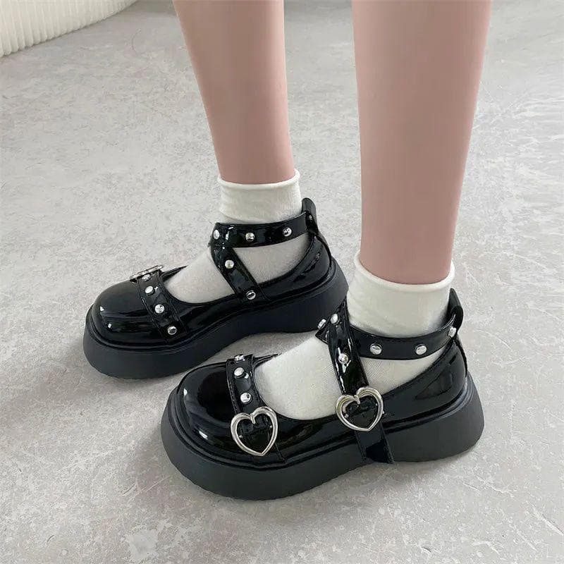 Women heels Lolita shoes platform mary jane Shoes Star Buckle Strap Mary Janes Women Cross-tied Girls Rivet Casual Shoes kawaii 41 black