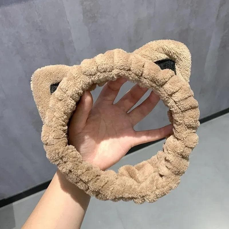 1PCS Face Wash Headband Hairband With Cat Ears Coral Fleece Cartoon Cute Creative Hair Accessories pale brown