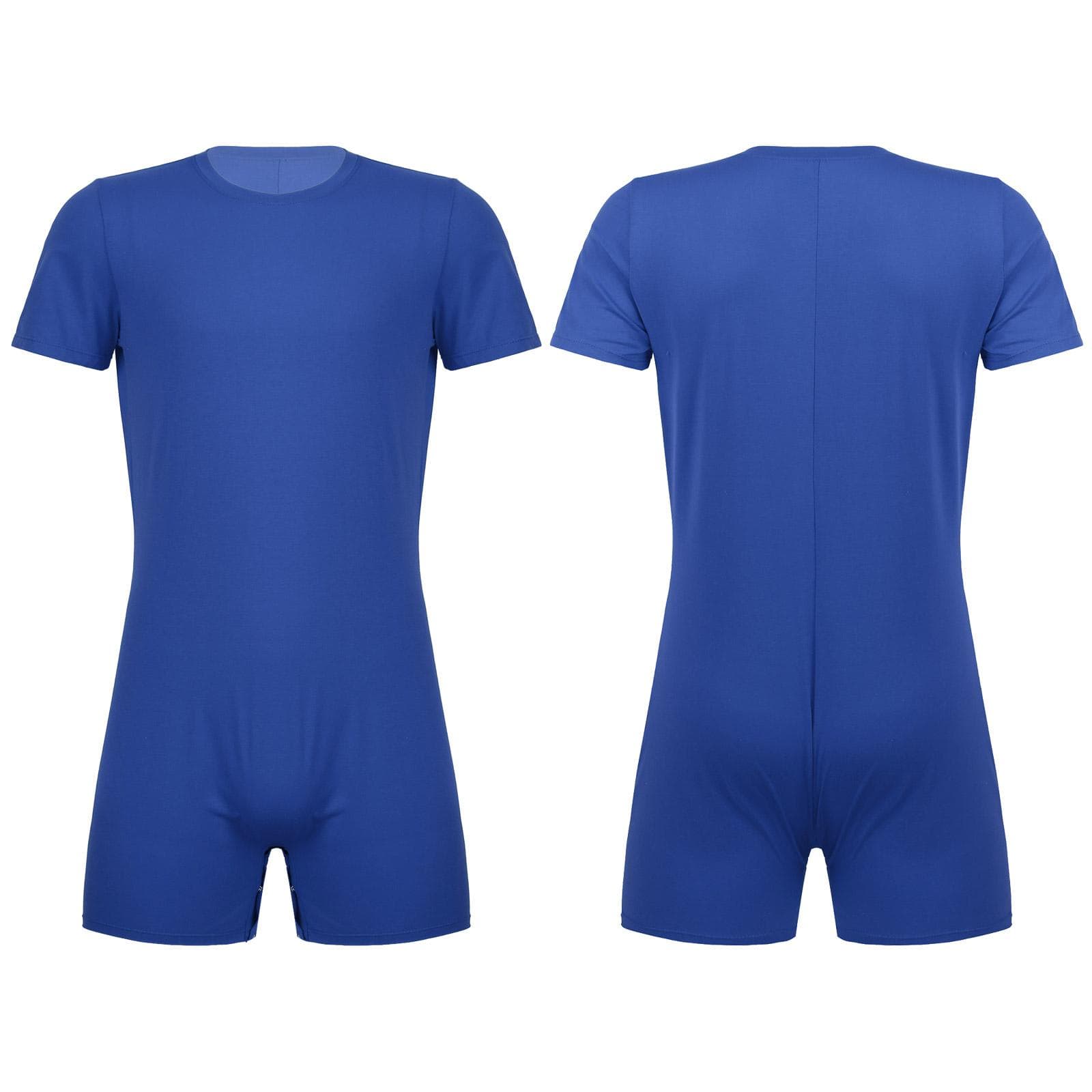 Men's One Piece Short Sleeve Press Crotch T-shirt Bodysuit Romper Diaper Pajamas L blue